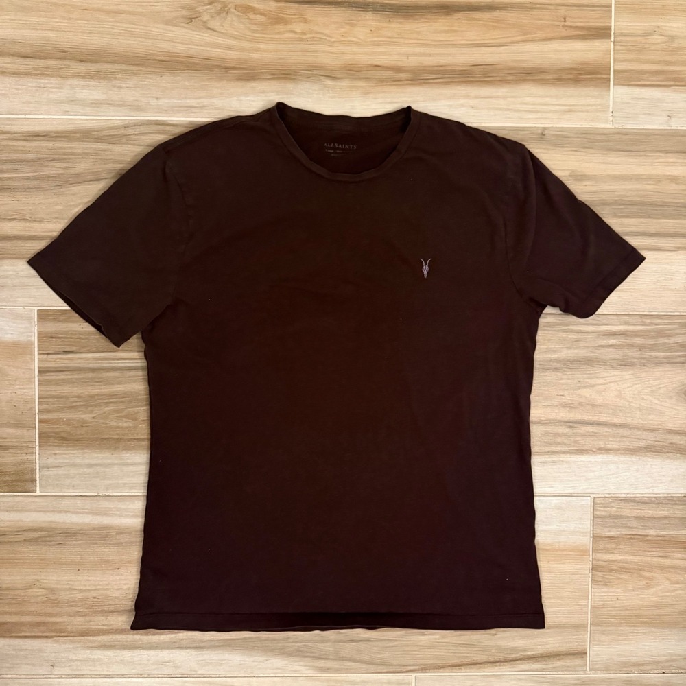 AllSaints Brace Tonic Crew T-Shirt‎ Mens XL Brown Cotton Ramskull Logo MD131G